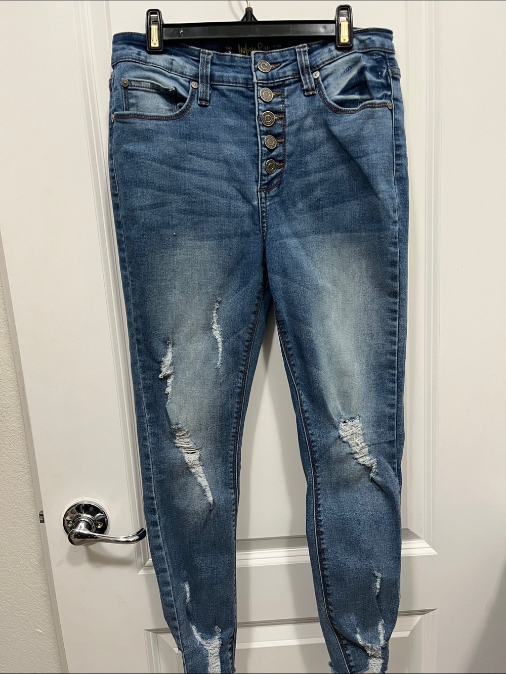 Indigo Rein Women's Skinny Distressed Button-Fly Jeans - Blue